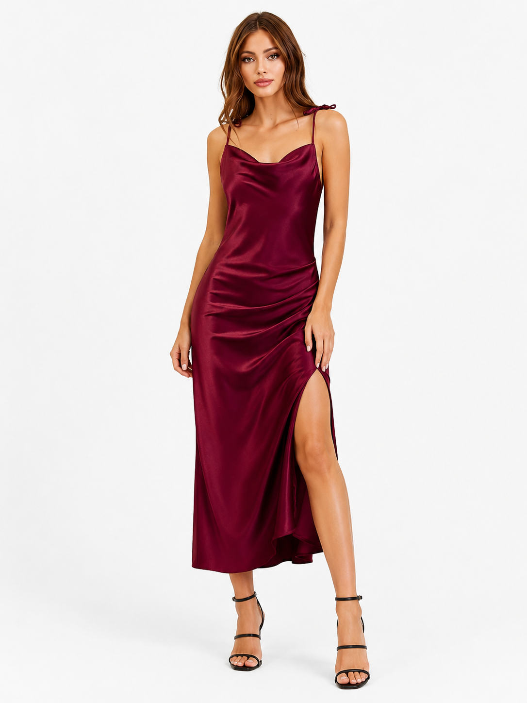 Sage Satin Cowl Neck Midi Dress