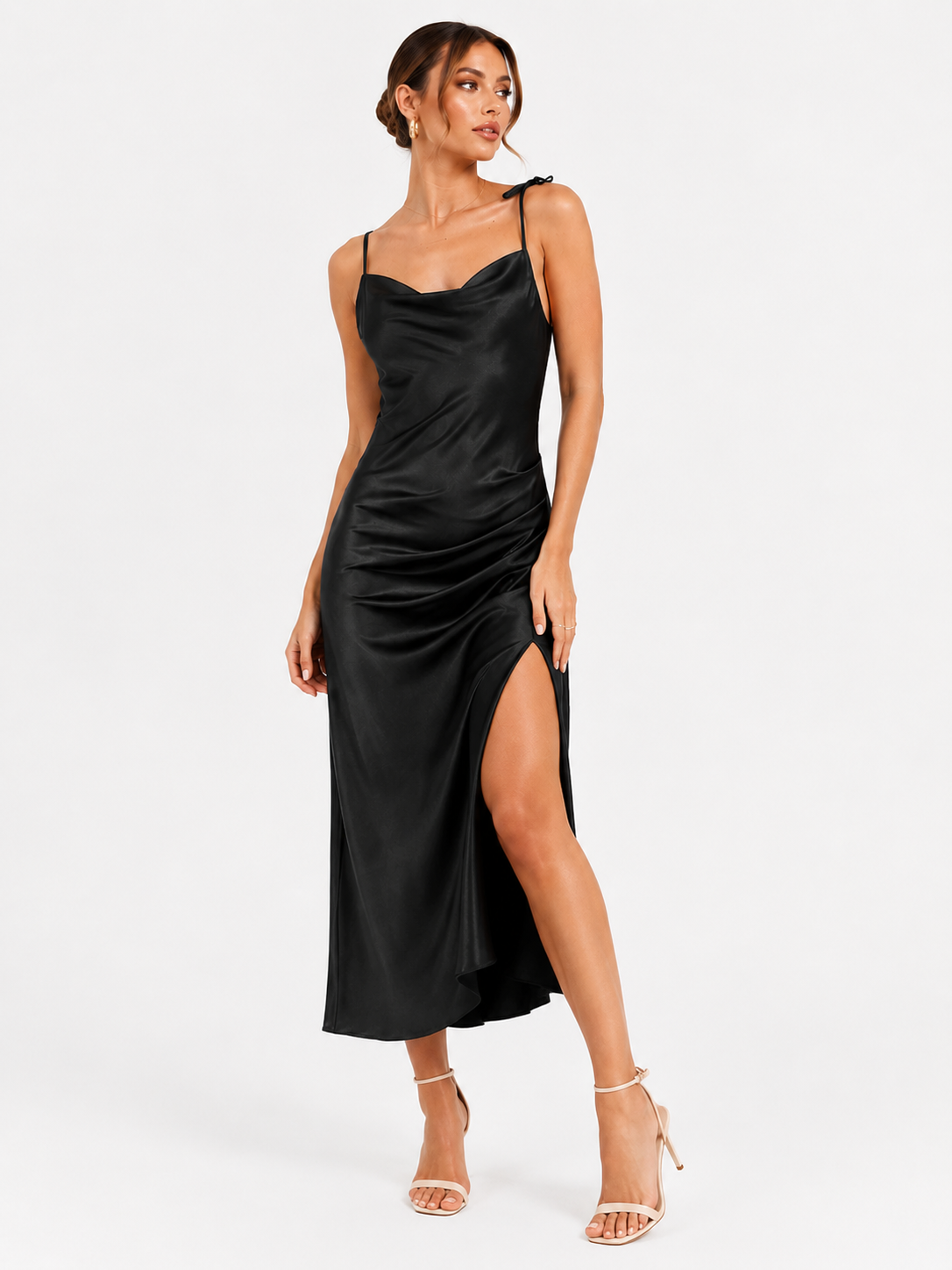 Sage Satin Cowl Neck Midi Dress