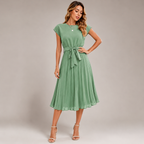 Elara Pleated Belted Midi Dress