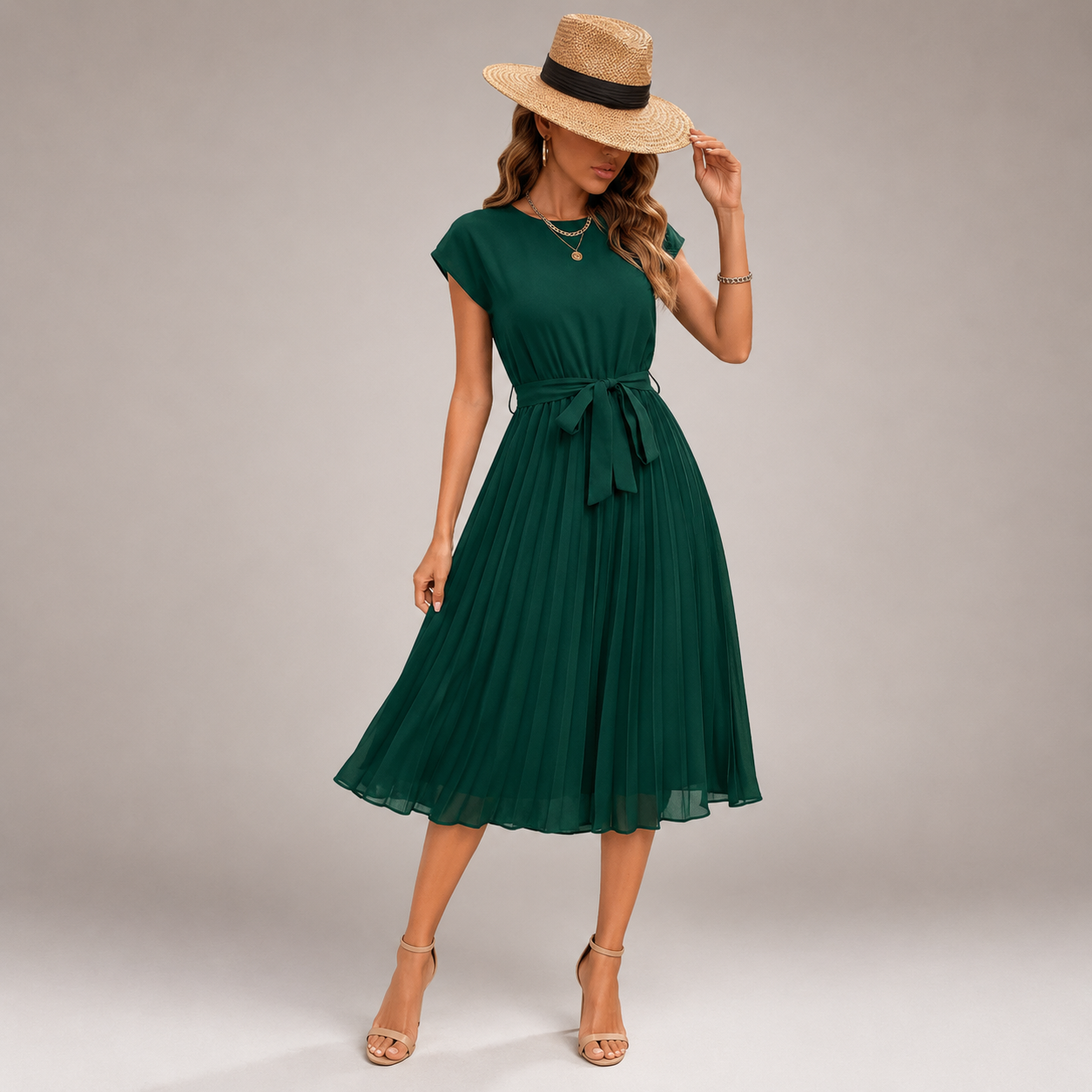 Elara Pleated Belted Midi Dress